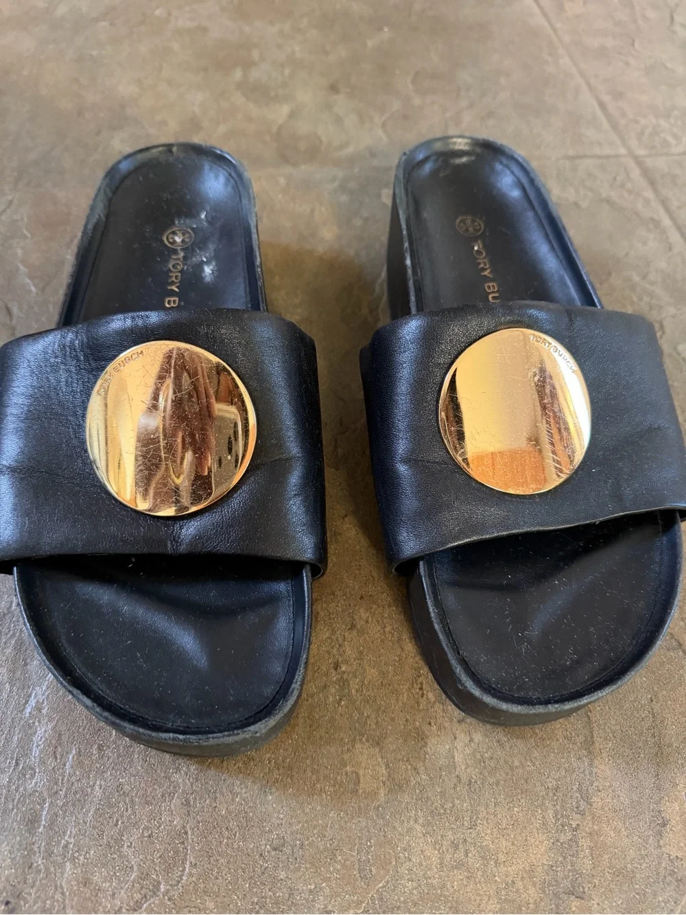 Tory Burch Black Leather Slide Sandals with Gold Medallion